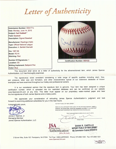 Carl Hubbell Single-Signed ONL Baseball (JSA)