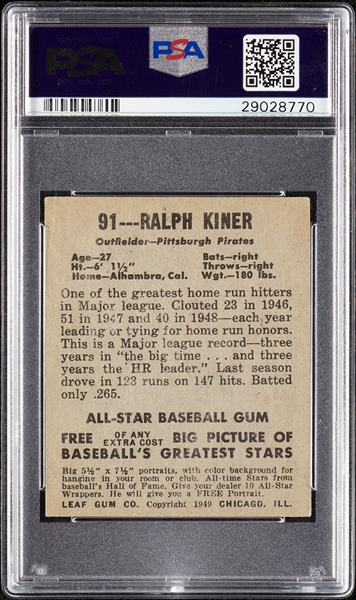 1948 Leaf Ralph Kiner RC No. 91 PSA 3