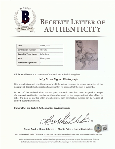 Lefty Grove Signed Robert Riger Framed Print (BAS)