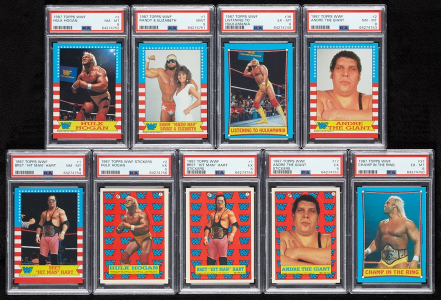 1987 Topps WWF PSA-Graded Group with Hulk Hogan, Andre The Giant, Stickers (9)