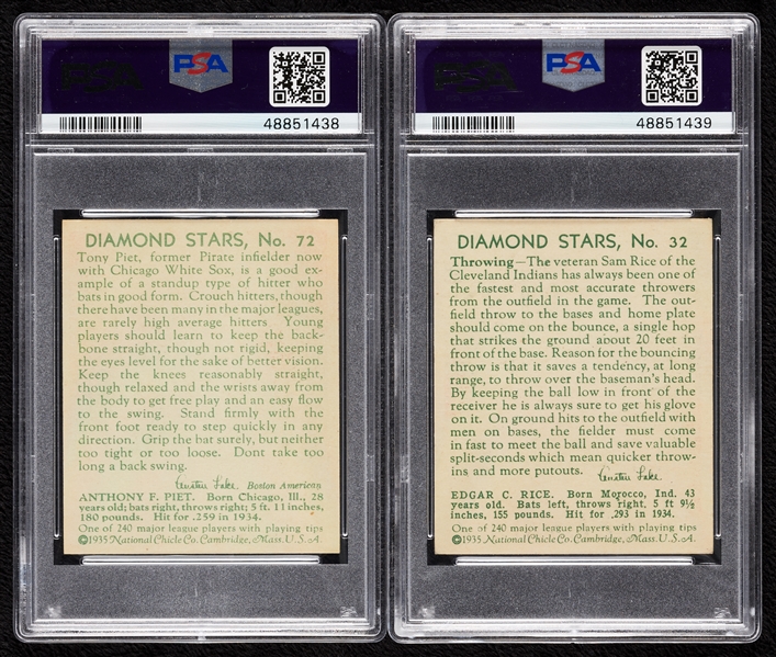 1935 Diamond Stars PSA-Graded Pair with Sam Rice (2)
