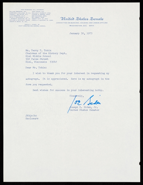 Joe Biden Signed U.S. Senate Typed Letter (1973) (BAS)