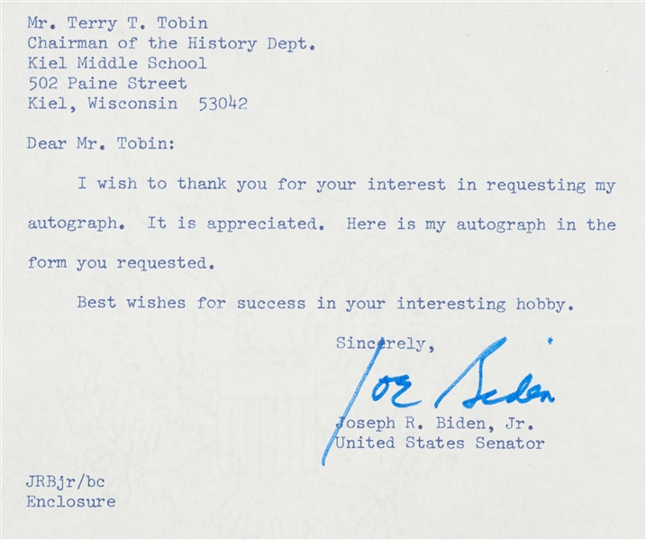 Joe Biden Signed U.S. Senate Typed Letter (1973) (BAS)