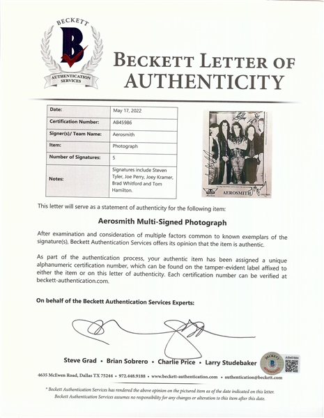 Aerosmith Group-Signed 8x10 Photo (BAS)