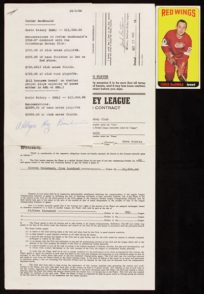 Parker MacDonald Signed 1966 Player Contract with Topps Card (2) (BAS)