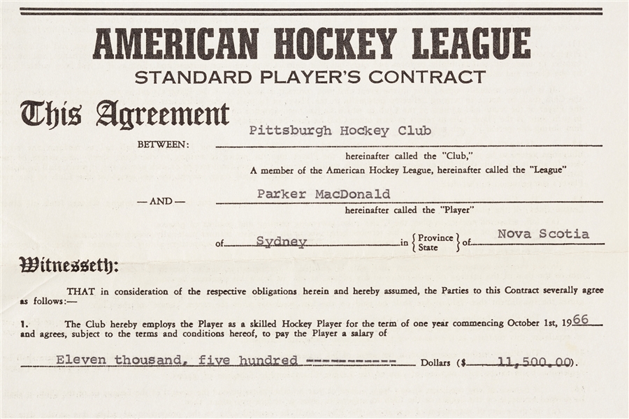 Parker MacDonald Signed 1966 Player Contract with Topps Card (2) (BAS)