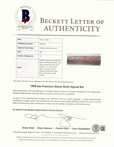 1998 San Francisco Giants Team-Signed Brian Johnson GU Bat (BAS)
