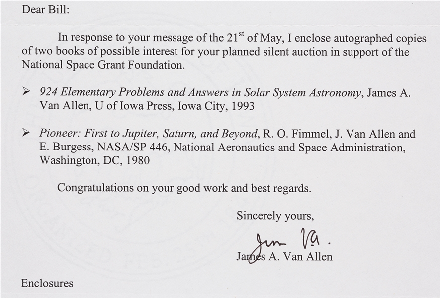James A. Van Allen Signed Typed Letter (2002)