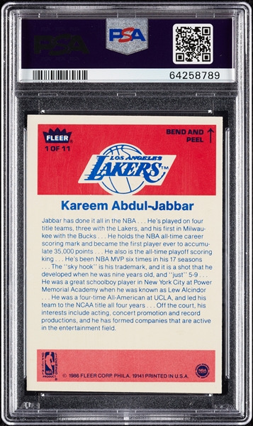 1986 Fleer Kareem Abdul-Jabbar Sticker No. 1 PSA 8