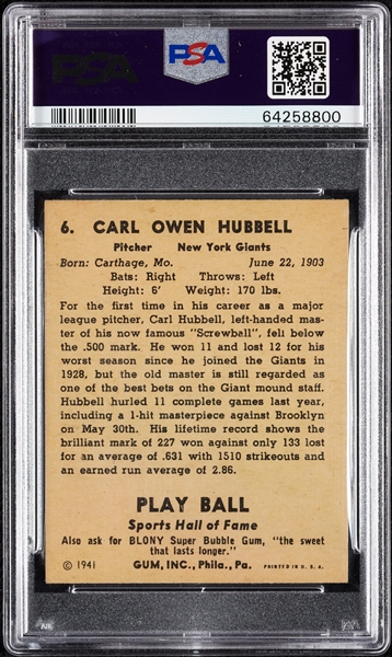 1941 Play Ball Carl Hubbell No. 6 PSA 4