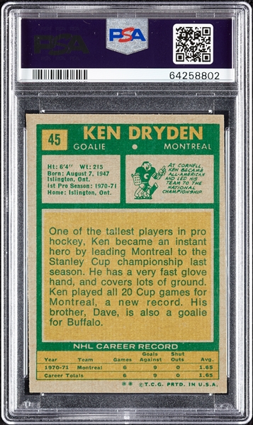 1971 Topps Ken Dryden RC No. 45 PSA 8 (OC)