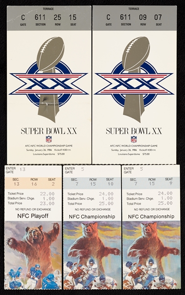 1985-86 Chicago Bears Playoff Ticket Group with (2) Super Bowl XX Stubs (5)