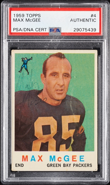 Max McGee Signed 1959 Topps RC No. 4 (PSA/DNA)