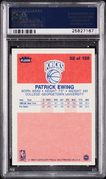 1986 Fleer Patrick Ewing RC No. 32 PSA 9