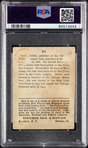 1914 Cracker Jack Rollie Zeider No. 60 PSA Authentic