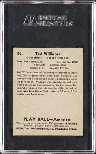 1939 Play Ball Ted Williams No. 92 SGC Authentic