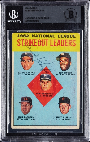 Sandy Koufax Signed 1963 Topps NL Strikeout Leaders No. 9 (BAS)