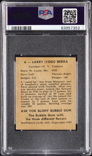 1948 Bowman Yogi Berra RC No. 6 PSA 5