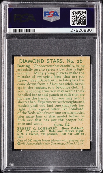 1935 Diamond Stars Ernie Lombard Earnie No. 36 PSA 5