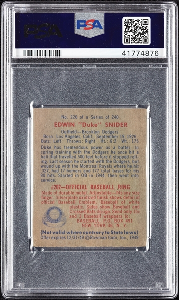 1949 Bowman Duke Snider RC No. 226 PSA 2