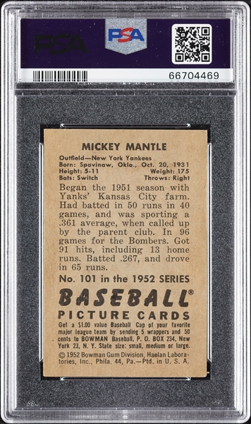 1952 Bowman Mickey Mantle No. 101 PSA 3