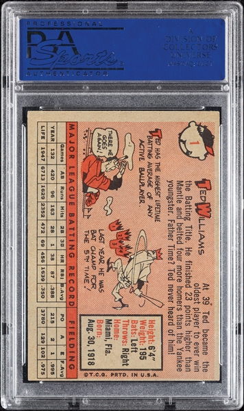 Ted Williams Signed 1958 Topps No. 1 (PSA/DNA)