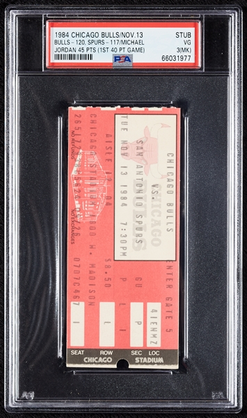 1984 Chicago Bulls vs. San Antonio Spurs (Nov. 13, 1984) Ticket Stub - Michael Jordan's First 40-Point Game (Graded PSA 3 MK) (Pop 5!)