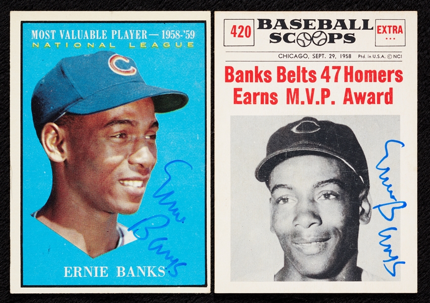 Ernie Banks Signed 1961 Topps & NuCard Scoops Pair (2)