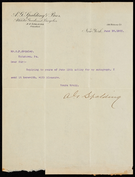 A.G. Spalding Signed Typed Letter (1900) (BAS)