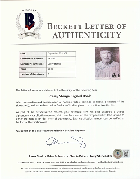 Casey Stengel Signed Baseball's Greatest Manger Book (BAS)