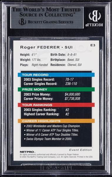 Roger Federer Signed 2003 Netpro Elite Event RC No. E3 (BAS)