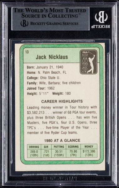 Jack Nicklaus Signed 1981 Donruss RC No. 13 (BAS)