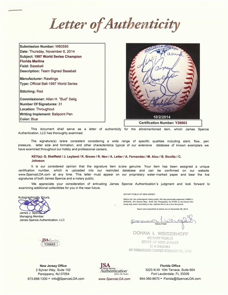 1997 Florida Marlins Team-Signed World Champs 1997 WS Baseball (JSA)