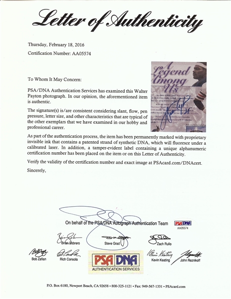 Walter Payton Signed 8x10 A Legend Among Us 8x10 Sheet (PSA/DNA)