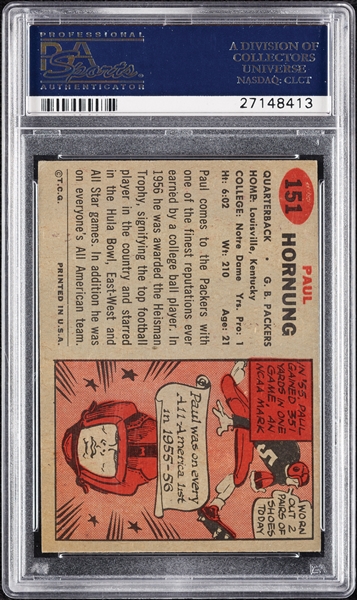 Paul Hornung Signed 1957 Topps RC No. 151 (Graded PSA/DNA 10)