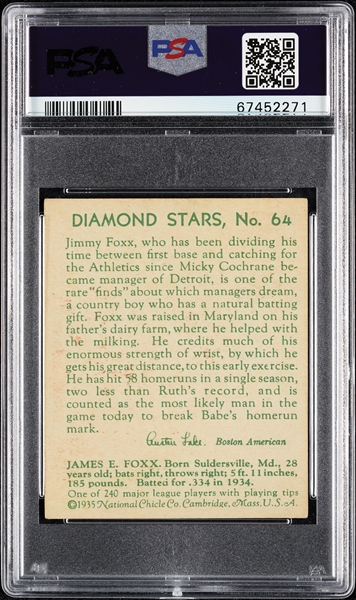 1935 Diamond Stars Jimmie Foxx No. 68 PSA 4