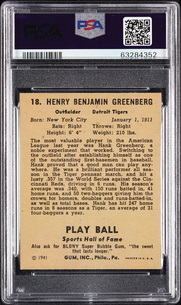 1941 Play Ball Hank Greenberg No. 18 PSA 4.5