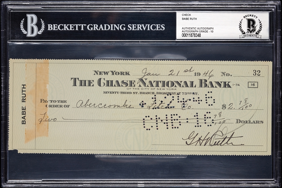 Babe Ruth Signed Check (January 21, 1946) (Graded BAS 10)
