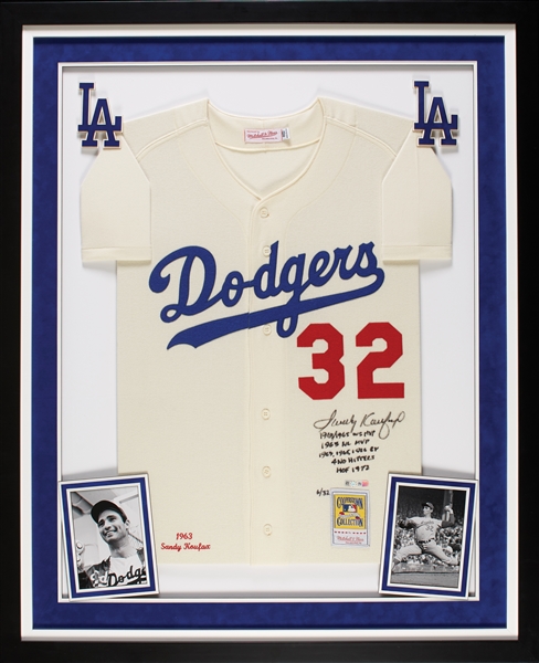 Sandy Koufax Signed Dodgers Flannel Mitchell & Ness Jersey in Frame with Multiple Inscriptions (6/32) (MLB)