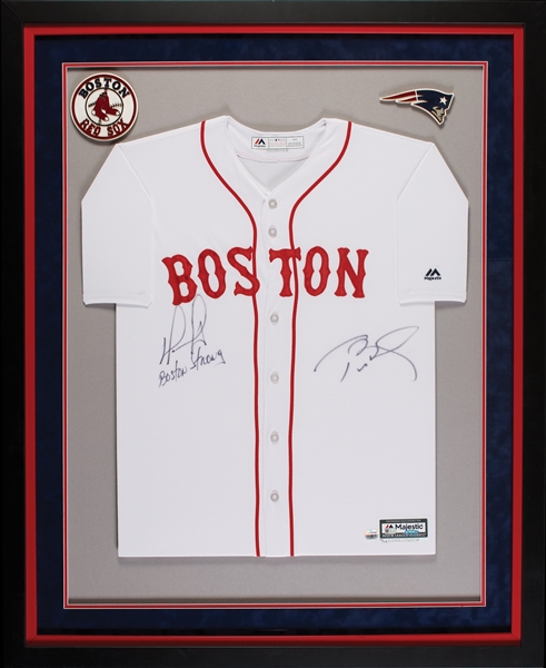 Tom Brady & David Ortiz Dual-Signed Red Sox Jersey in Frame Boston Strong (10/24) (Tri-Star) (MLB) (Fanatics)
