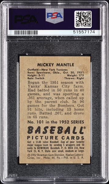 1952 Bowman Mickey Mantle No. 101 PSA 4.5