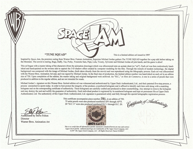 Michael Jordan Signed Warner Bros. Space Jam Animation Cel (381/750) (Warner Bros.) (UDA)