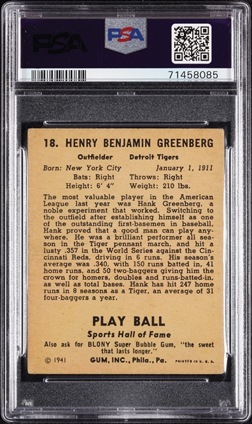 1941 Play Ball Hank Greenberg No. 18 PSA 1.5