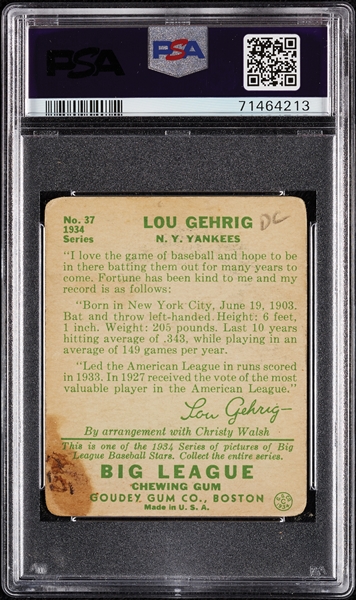 1934 Goudey Lou Gehrig No. 37 PSA Authentic
