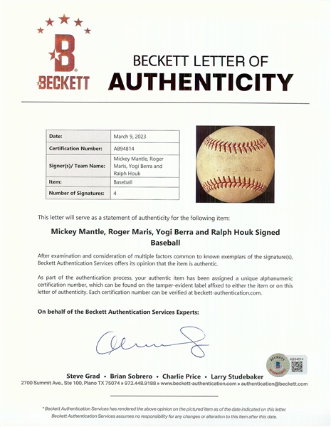 Mickey Mantle, Roger Maris, Berra & Houk Vintage Signed OAL Baseball (BAS)