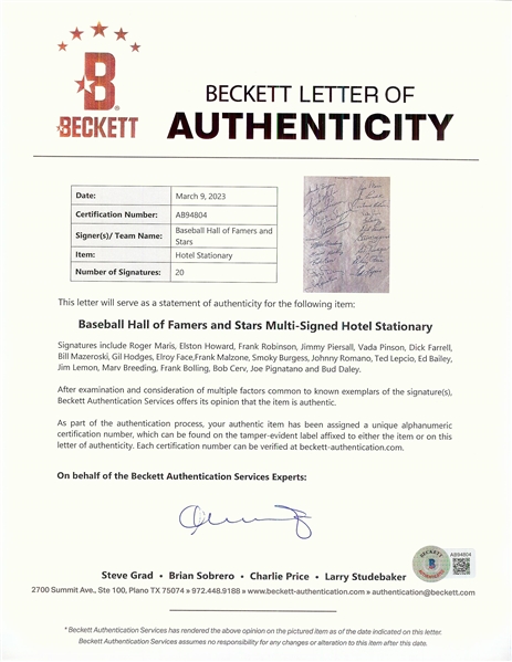 Baseball Greats Signed Hotel Stationery with Maris, Hodges, Howard (BAS)