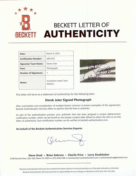 Derek Jeter Signed 8x10 Photo (BAS)