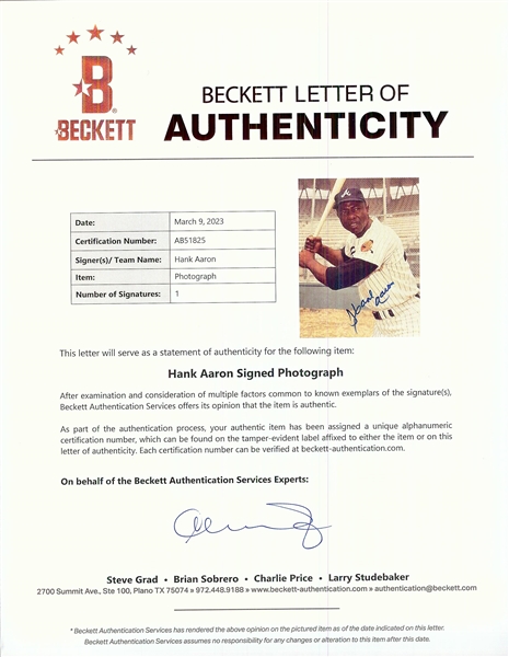 Hank Aaron Signed 8x10 Photo (BAS)
