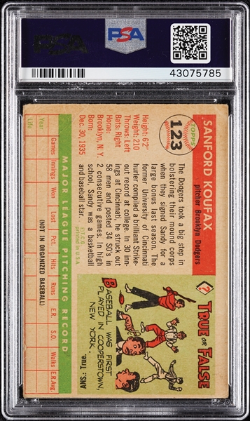 1955 Topps Sandy Koufax RC No. 123 PSA Authentic