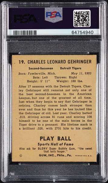 1941 Play Ball Charlie Gehringer No. 19 PSA 4